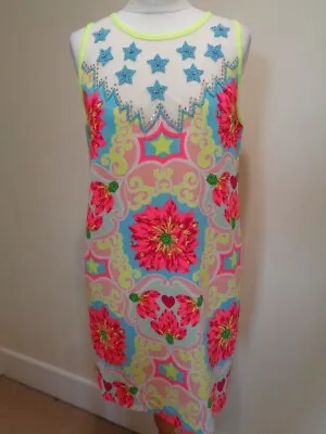 Manoush Neon Multi Floral Print Dress With Sheer Beaded Panel - Size 12 (40) • £125