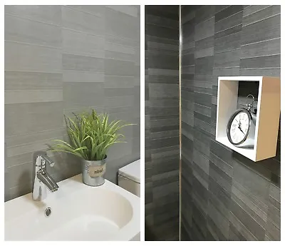 Modern Tile Effect Bathroom Wall Panels PVC Carbon Graphite Grey Shower Panels • £0.99