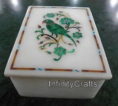 4 X 3 Inches Malachite Stones Inlaid Trinket Box White Marble Jewelry Organizer • £136.98