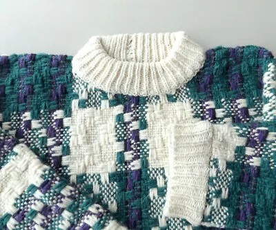 Chunky Wool Pullover Crewneck Sweater Handmade In Ecuador Knit Woven Vtg L XL • $24