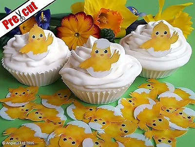 24 X Pre-cut Cute Easter Chick Edible Wafer Paper Cup Cake Toppers Decorations • £3.99