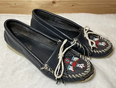 Minnetonka Navy Thunderbird Beaded Moccasins Women's 8 Bohemian Festival Artsy • $34.99