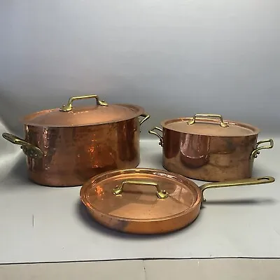 Group Of Large French Villedieu Copper Pans 2 Casseroles Crepe Pan 12  To 16   • $495