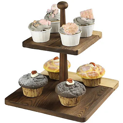 £30.35 • Buy 2-Tier Wood Cupcake Stand, Fruit Burnt Solid Wooden Display Serving Platter