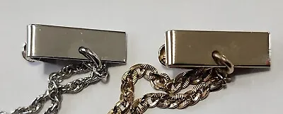 Lot Of 2  TIE BAR CLIP CLASP STAY SILVER TONE & GOLD TONE W/ Chains Diminutive • $7.19