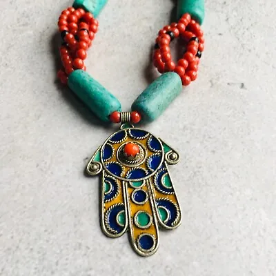 Moroccan Khamsa Hand Of Fatima Hamsa Silver Tone Turquoise Beaded Necklace 8* • $189.95