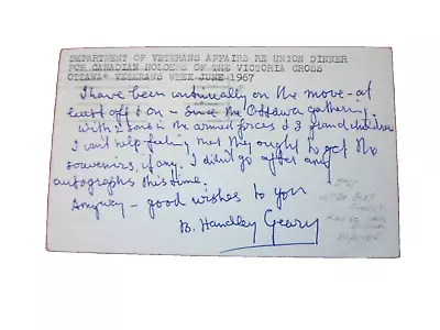 Very Rare - 1967 Major Benjamin Handley Geary Vc Signed Postcard • £0.99