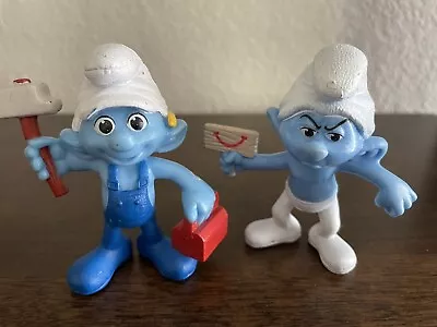 Lot Of 2 Peyo McDonalds Smurfs Figures 2013 Grouchy Handy Cake Topper • $5.99