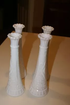 Milk Glass Bud Flower Vases 9” H BASE 3 D LOT OF 4 VASES • $12