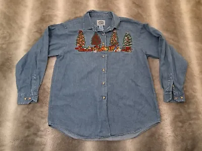 $17 • Buy Cambridge Dry Goods Christmas Embroidered Denim Button Up Shirt Women's Size XL