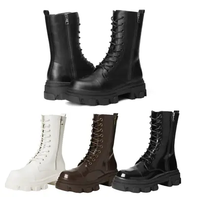 Women Chunky Platform Lug Sole Boot Lace Up Combat Boots Military Mid Calf Boots • $33.99