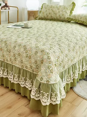 Lace Style Bedspread Floral Printed Padded Sheet Coverlets Bed Cover Bed Skirt • £159.79