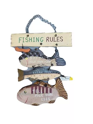 $12.50 • Buy Vintage Fishing Rules Sign Hanging Plaque Fisherman Cabin Decor 