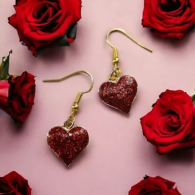 Beeloved Heart Earrings Beautiful Red Sparkly Earrings Dangle Drop Golden Hooks • £2.99