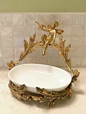 Vintage Ormolu Cherub Bird Soap Dish Gold Gilt  Classic Rococo Hollywood Regency • $55