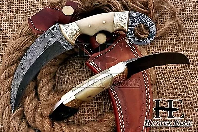 HUNTEX New Custom Handmade Damascus 230mm Long Camel Bone Hunting Karambit Knife • $142.45