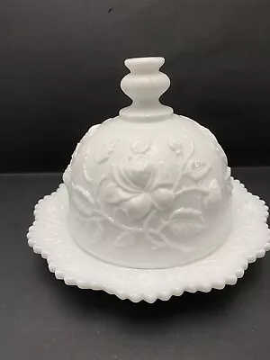 Vintage Imperial White Milk Glass Butter Dish Rose Embossed • $25