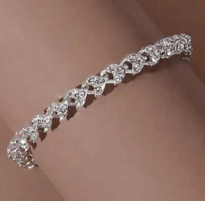 £7.99 • Buy Real White Gold Filled Made With Swarovski Crystals Tennis Chain Bracelet