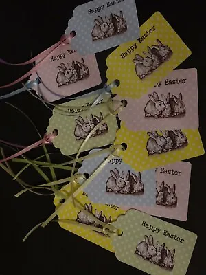 10 Polka Dot Happy Easter Bunnies Gift Tag Labels With Mixed Ribbon Ties • £2.45