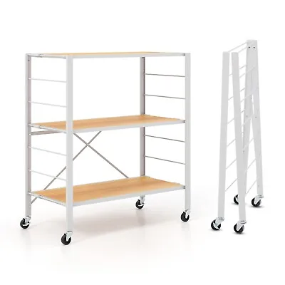 3-Tier Foldable Shelving Unit Storage Rack Metal Shelves With Detachable Wheels • £41.95