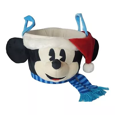 Mickey Mouse Christmas Soft Plush Basket Disney Wears A Santa Hat & Blue Scarf • $29.95