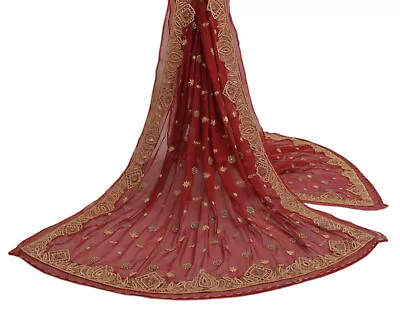 Sushila Vintage Red Dupatta Pure Chiffon Hand Beaded Zardozi Long Stole Scarves • $68.99