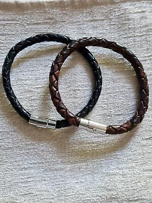 Mens Handmade Black Or Brown Plaited Leather Bracelet With Magnetic Clasp  19cm • £4.75