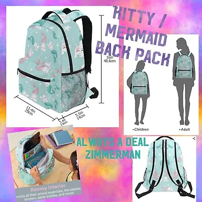 ALAZA KITTY MERMAID BACKPACK Unicorn Bookbag School BLUE BAG Laptop Waterbottle • $26.30