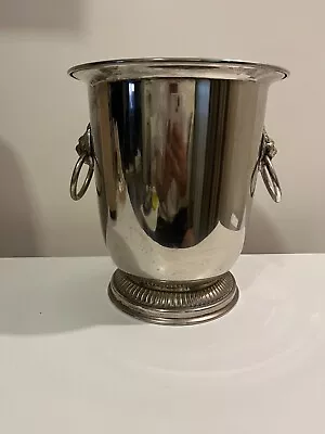 CHAMPAGNE WINE ICE BUCKET COOLER SILVER METAL WITH LIONS HANDLE ART DECÓ 9  By 8 • $99