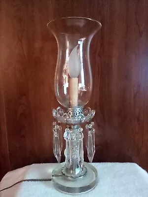 Vintage Glass Table Mantle Hurricane Lamp With Crystals / Prisms • $32.50