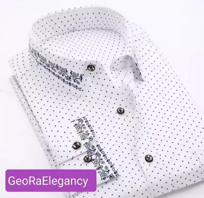 Men Formal Casual Wedding Shirt Slim Fit Long Sleeve White/Black Dots Size L • £9.99
