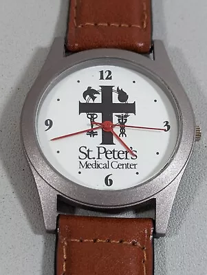 St Peters Medical Center Round Silver Tone Case Brown Leather Band Watch • $13.99