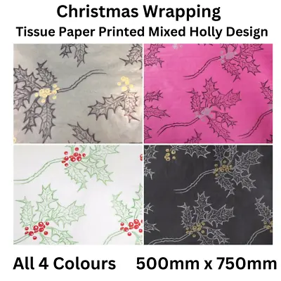 Holly Printed Wrapping Tissue Paper Christmas  Patterned 4 Colours Gift Wraps • £2.50