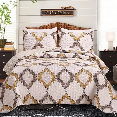 Bedspread Quilt Set Reversible 3 Pieces Coverlet Set Yellow White Moroccan Bed • $69.99