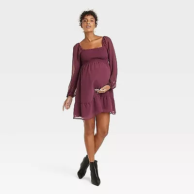 Long Sleeve Smocked Chiffon Mini Maternity Empire Waist Dress - Isabel • $11.99