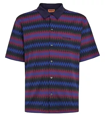 MISSONI 'Zig-Zag' Men's Button-Front Designer Cotton Shirt S Navy Multi $450 NWT • $390