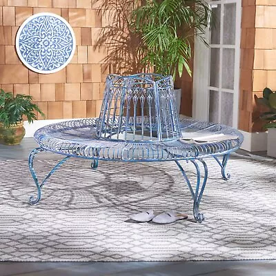 Blue Rustic Tree Surround Metal Garden Bench Outdoor Home Seating Furnitur • $425