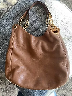 Michael Kors Tan Brown Fulton Shoulder Tote Bag Gold Chain Pebbled Leather Large • $45