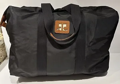Vintage COURREGES Black Nylon Leather Zip Top Duffle Travel BAG Purse Handbag • $90