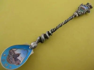 800 Silver & Enamel Souvenir Spoon ROMA W/ Figural Snake Handle / Scenic Bowl • $59