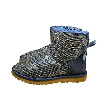 UGG Boots Womens 6 Mini Bailey Bow Glitter Shearling Winter Boots Navy 1006168 • $50.89