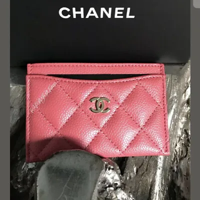 CHANEL 18S Pearly Pink Caviar Flat Card Holder Mini Wallet Iridescent Card Case • $795