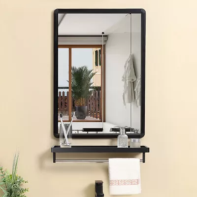 Black Rectangle Metal Mirror With Shelf Wall Mounted Bathroom Bedroom Home Decor • £20.95