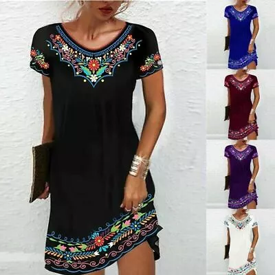 $24.27 • Buy UK Womens Boho Casual Floral Crew Neck Dress Ladies Baggy Short Sleeve Sundress