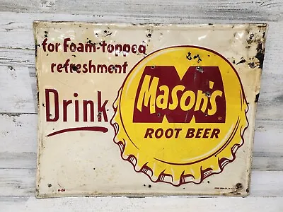 Vintage Original Drink Mason's Root Beer Metal Embossed Soda Sign Stout Co 17x14 • $259.99