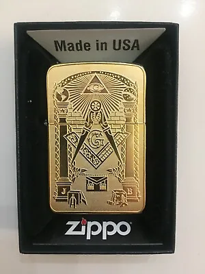 Masonic Zippo Lighter Brushed Chrome Free Masons Master Gift Gold Plated • $65.98