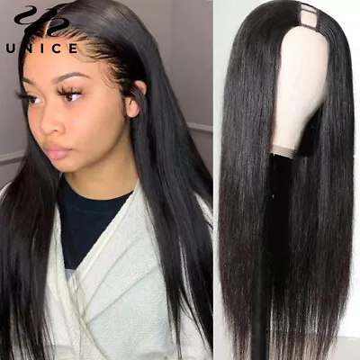 Malaysian U Part Straight Human Hair Wigs For Black Women Glueless Wear Go Wig • $61.03