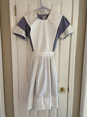 #4 Vintage Blue & White Student Nurse Uniform Dress W/ Front 2 Piece Apron 1960s • $110