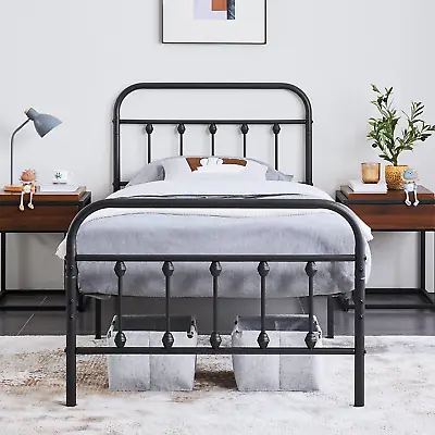  3ft Single Bed Frame Vintage Iron Platform Bed With High Headboard And Footboar • £105.49