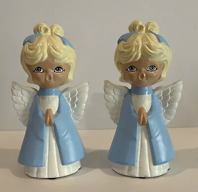 Two Vtg Christmas Angels Ceramic 8  Hand Painted Blonde Hair Blue Bow Kitschy • $13.88